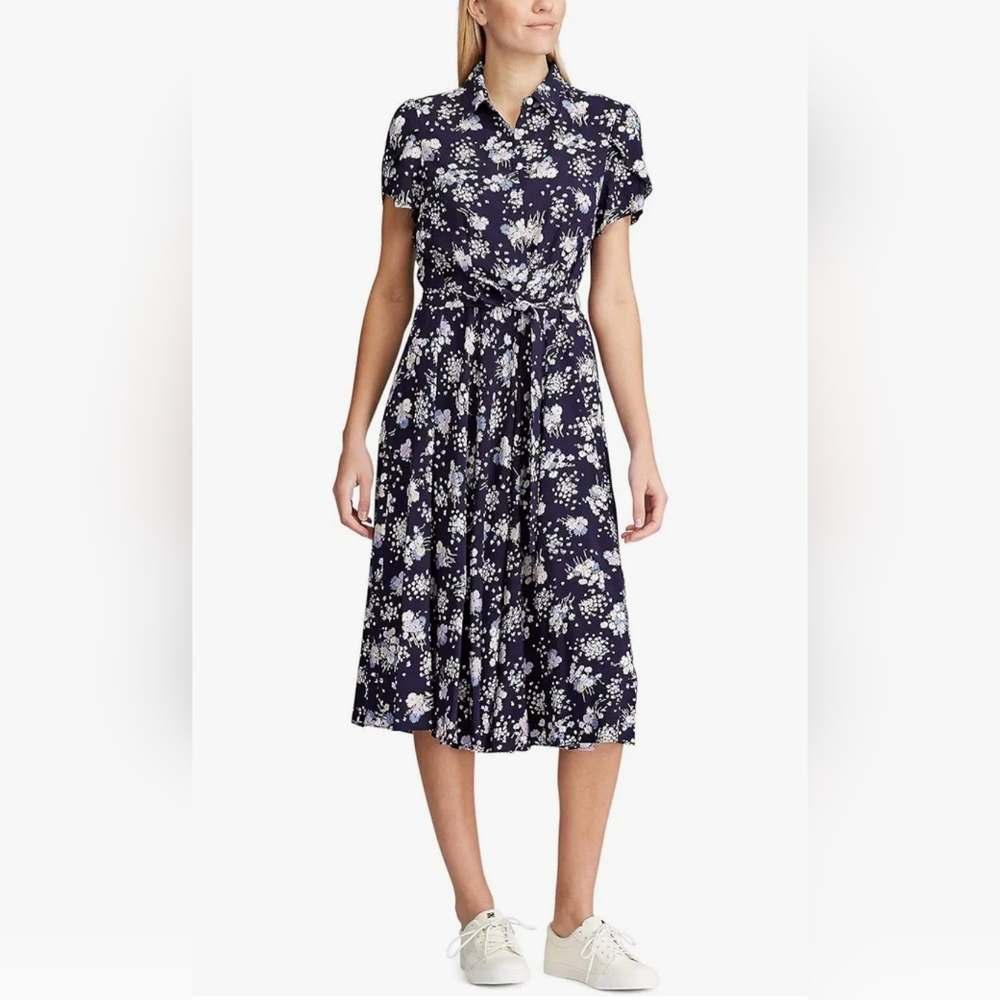 Chaps Ralph Lauren Navy And Purple Floral Midi Dress Size 4